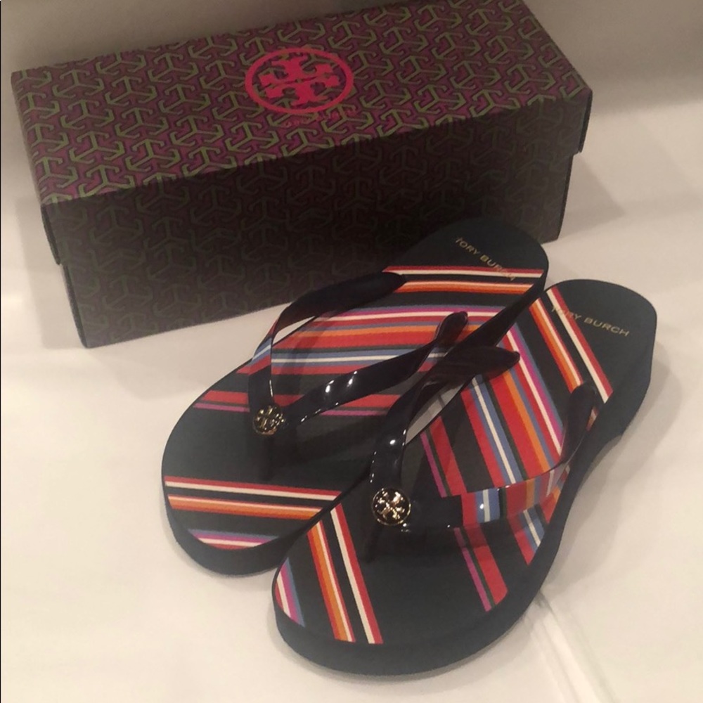 Tory Burch Women’s Navy Multi-Stripe Jelly Flip Flops